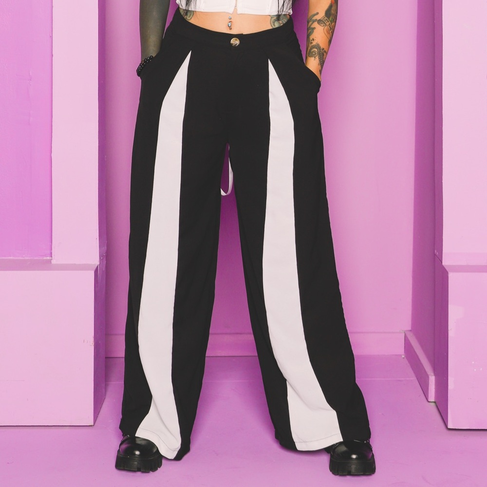 SHEIN Black Wide Leg Pants with White Center Panels